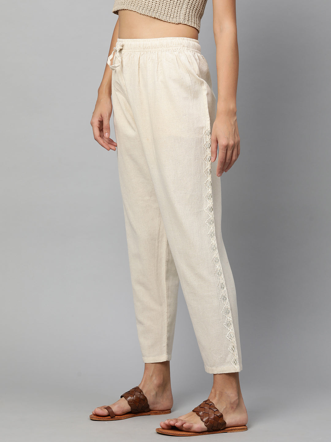 Zari & Thread Embroidered Ankle Pant - Off White