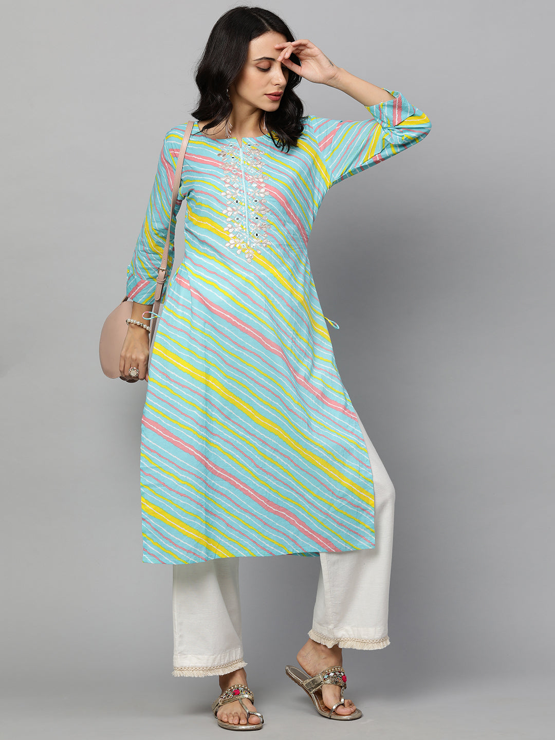 Leheriya Gota Embroidered Straight Kurta - Cyan