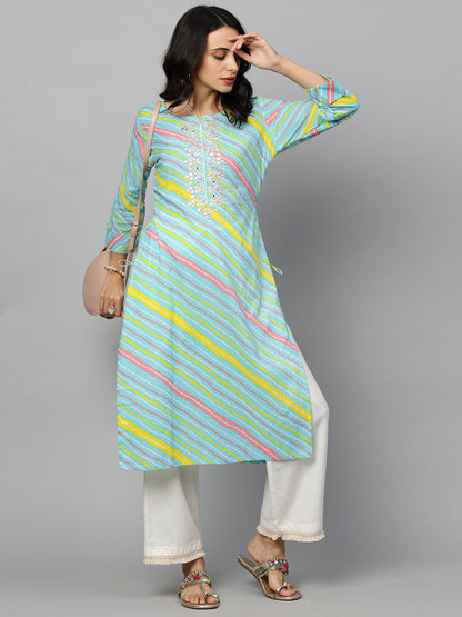 Leheriya Gota Embroidered Straight Kurta - Cyan