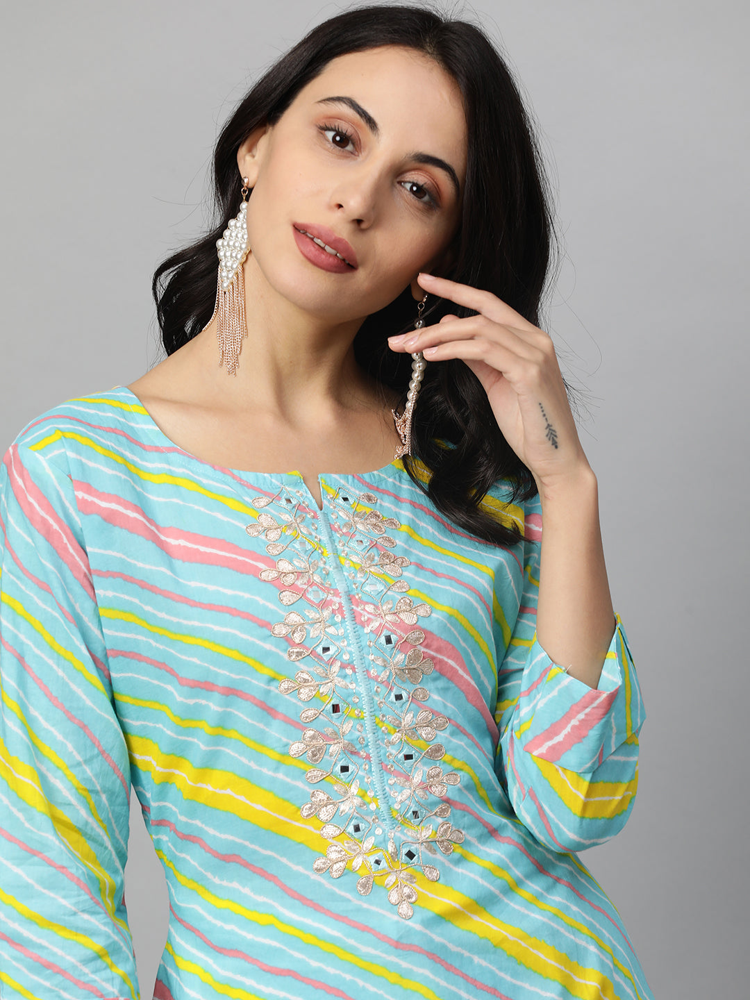 Leheriya Gota Embroidered Straight Kurta - Cyan
