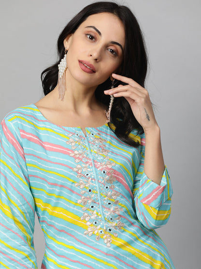 Leheriya Gota Embroidered Straight Kurta - Cyan