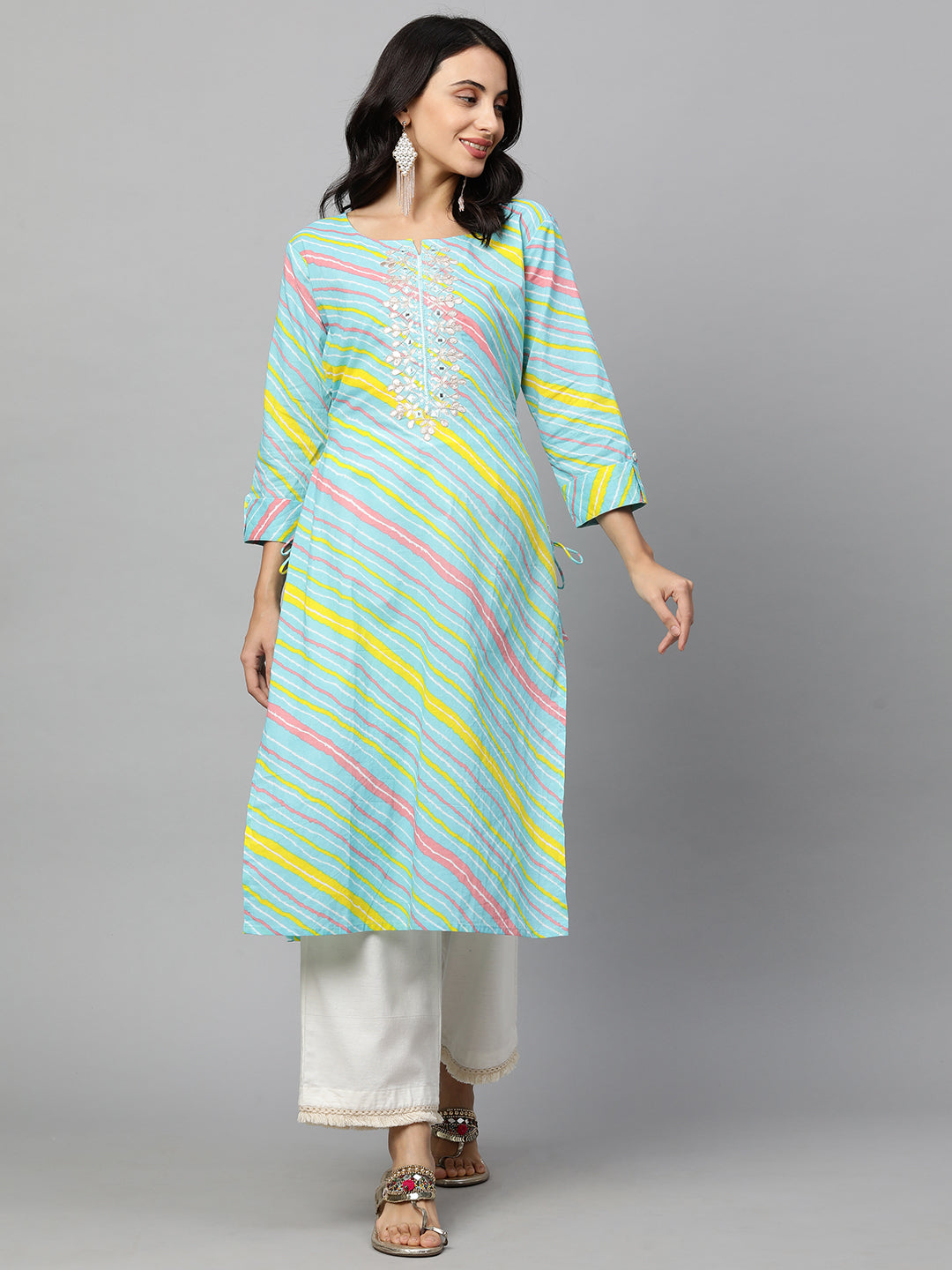 Leheriya Gota Embroidered Straight Kurta - Cyan