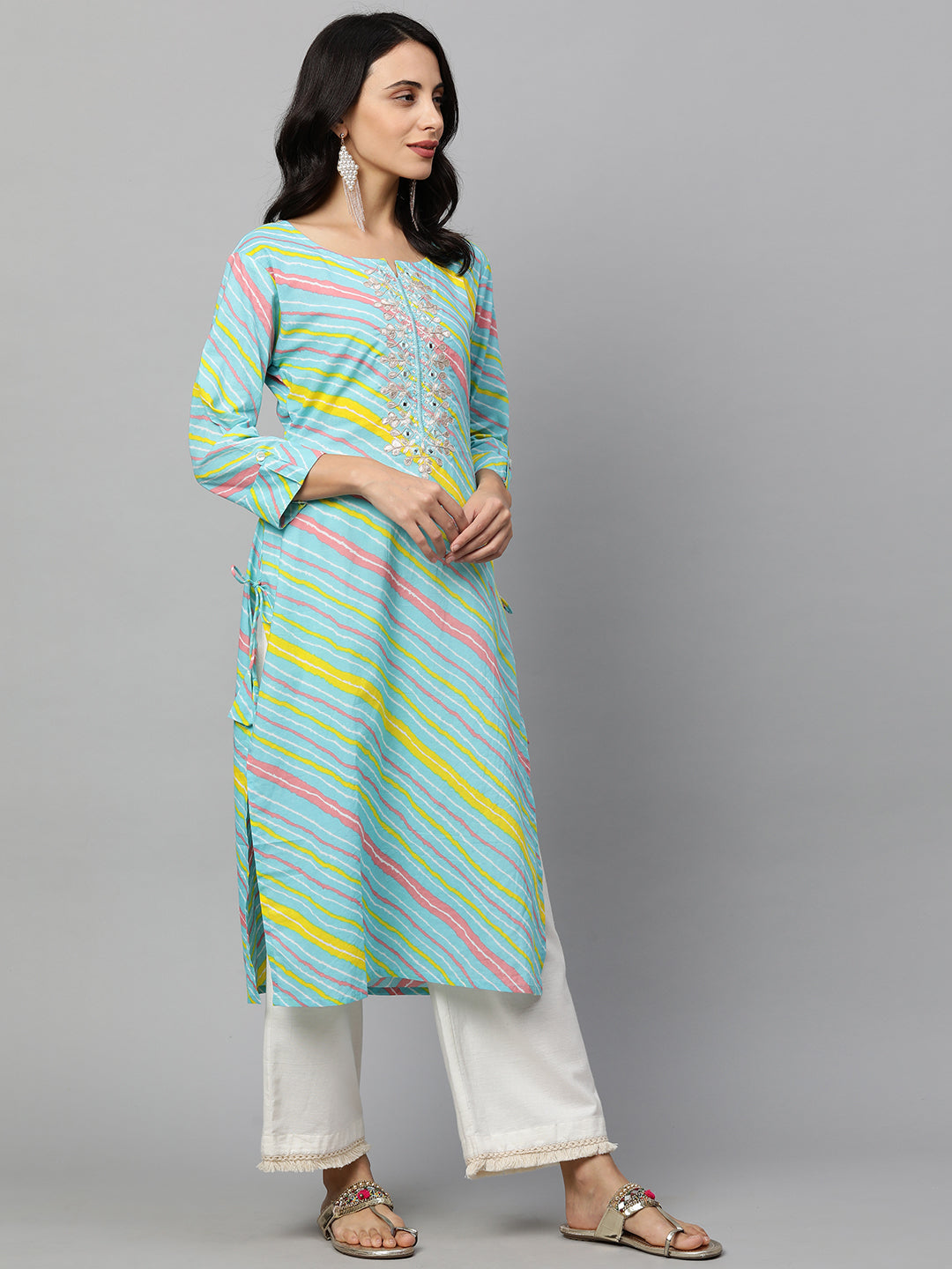 Leheriya Gota Embroidered Straight Kurta - Cyan