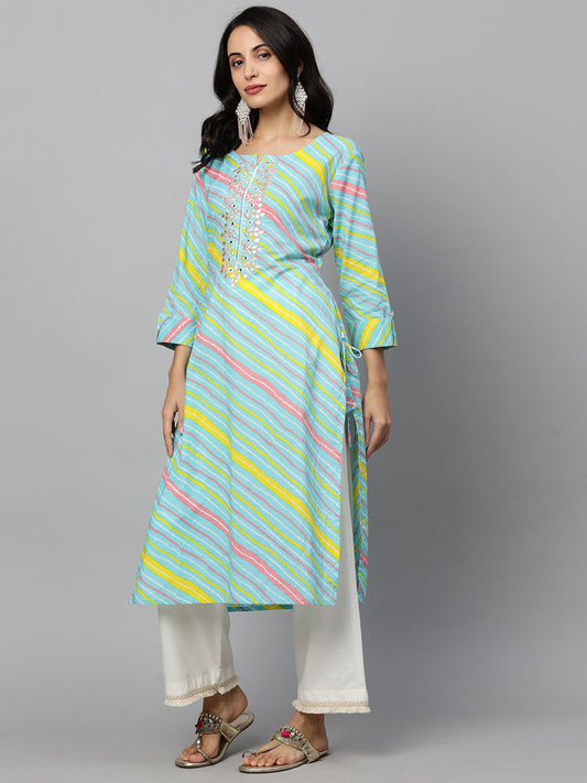 Leheriya Gota Embroidered Straight Kurta - Cyan