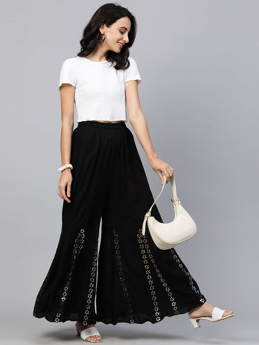 Ethnic Flared Palazzo with Gota Patti Embroidery - Black