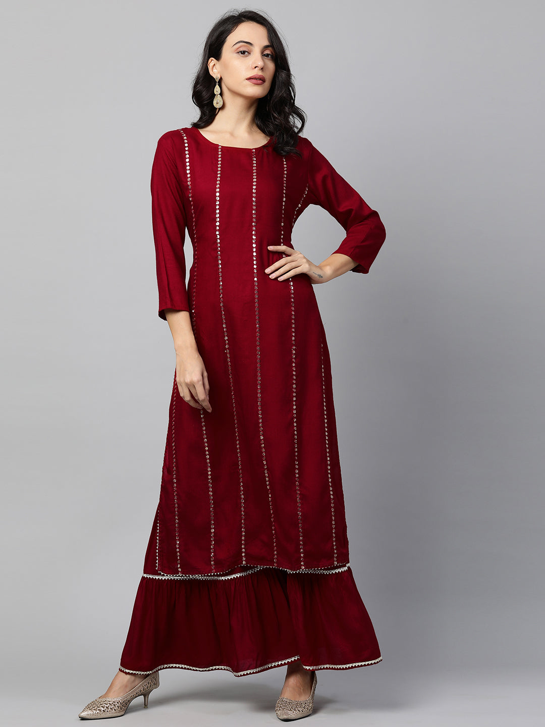 Sequin Embroidered Kurta and Sharara set - Deep Red