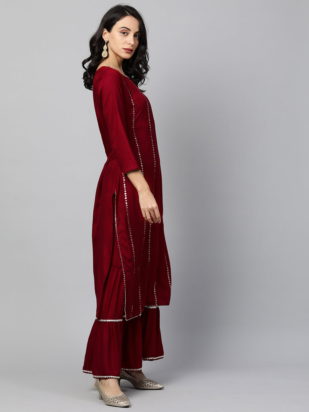 Sequin Embroidered Kurta and Sharara set - Deep Red