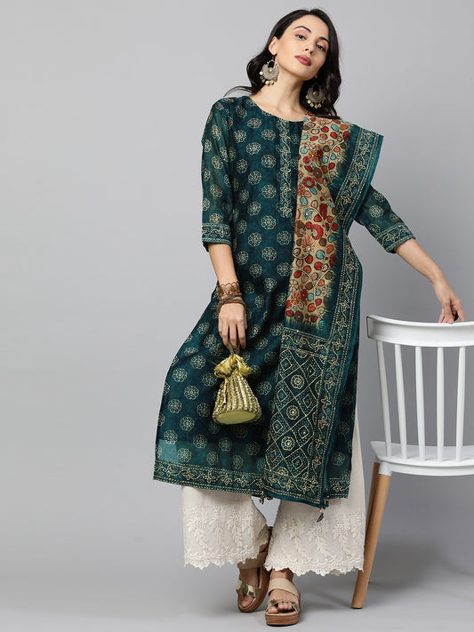 Ethnic Embellished Straight Kurta with Embellished Dupatta - Teal Blue