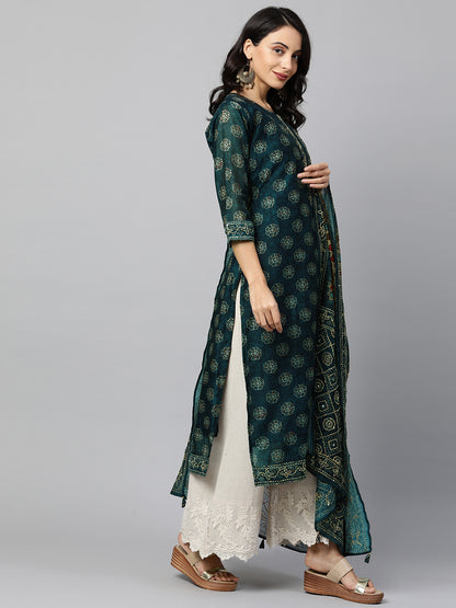 Ethnic Embellished Straight Kurta with Embellished Dupatta - Teal Blue