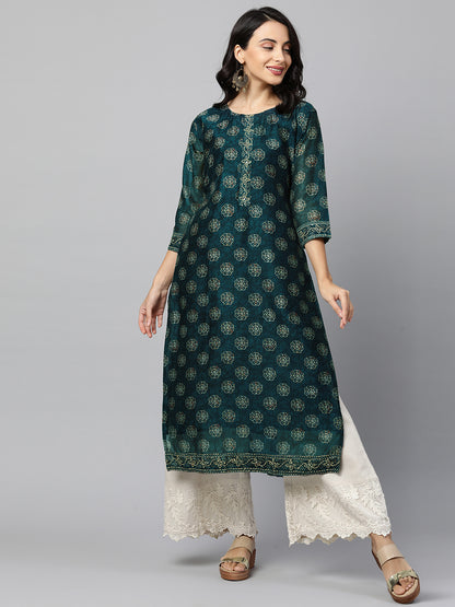 Ethnic Embellished Straight Kurta with Embellished Dupatta - Teal Blue