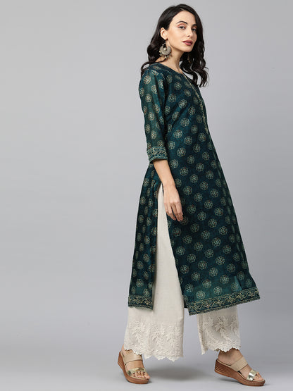 Ethnic Embellished Straight Kurta with Embellished Dupatta - Teal Blue