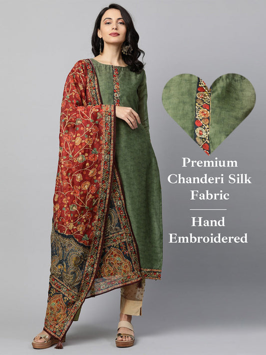 Kalamkari Printed Kurta and Dupatta with Kantha work - Mehandi Green