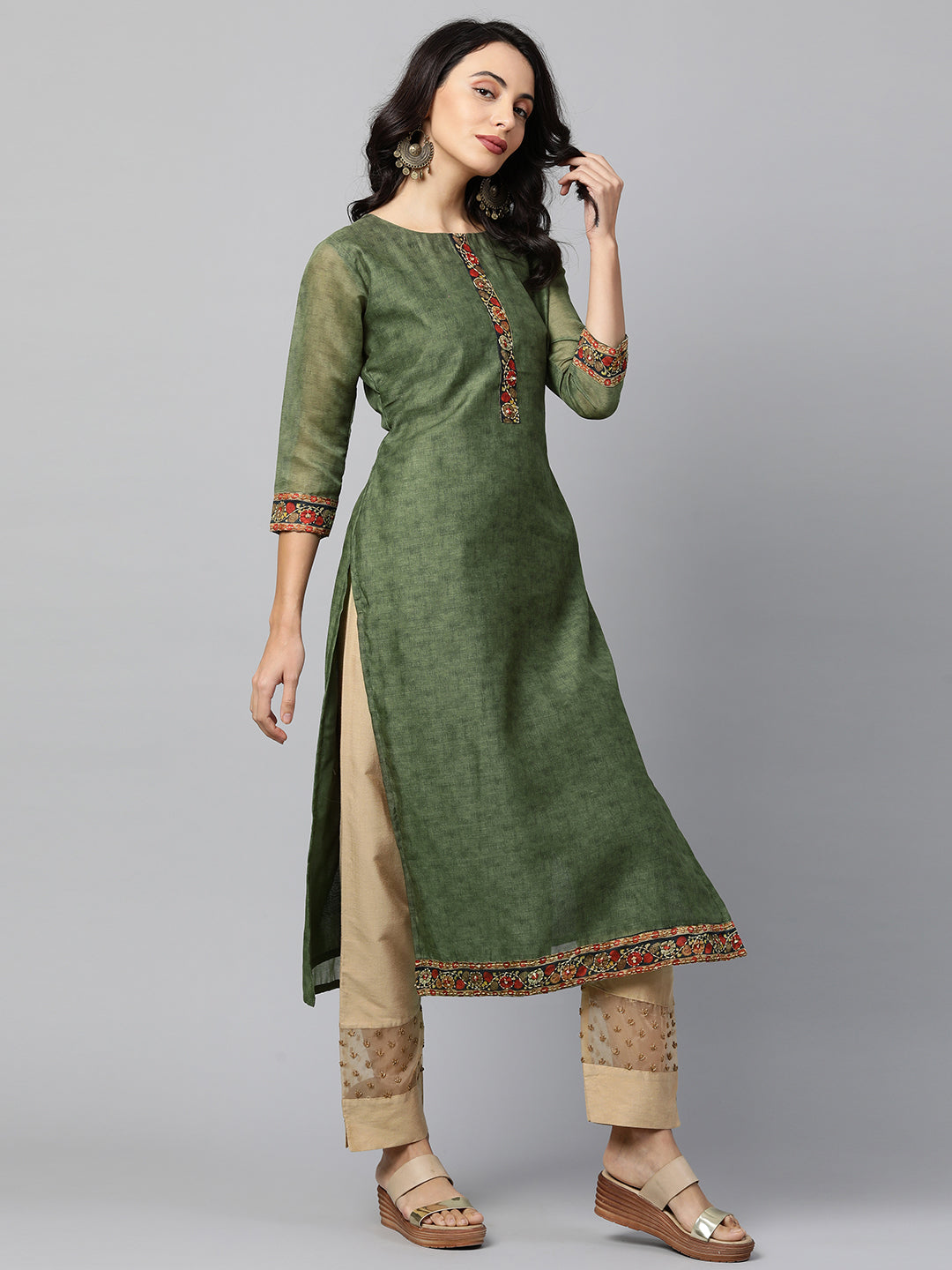 Kalamkari Printed Kurta and Dupatta with Kantha work - Mehandi Green