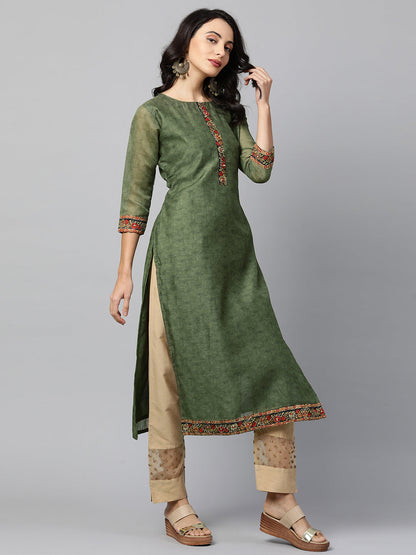 Kalamkari Printed Kurta and Dupatta with Kantha work - Mehandi Green