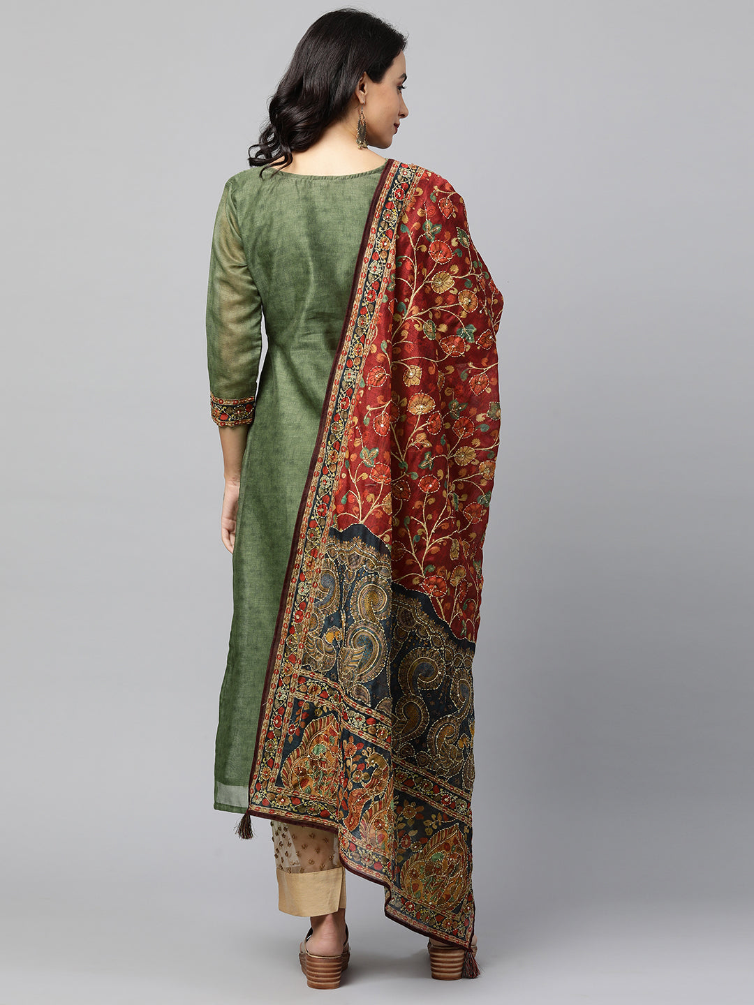 Kalamkari Printed Kurta and Dupatta with Kantha work - Mehandi Green