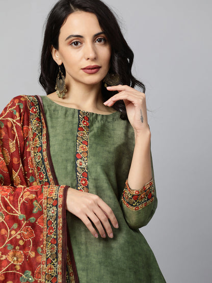 Kalamkari Printed Kurta and Dupatta with Kantha work - Mehandi Green