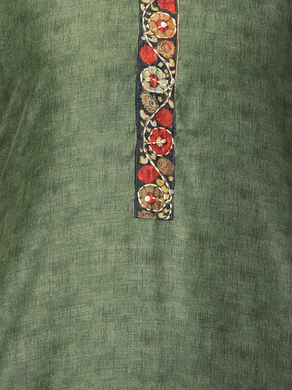 Kalamkari Printed Kurta and Dupatta with Kantha work - Mehandi Green