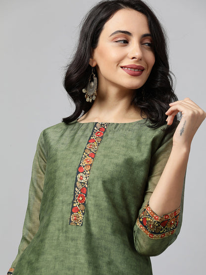 Kalamkari Printed Kurta and Dupatta with Kantha work - Mehandi Green