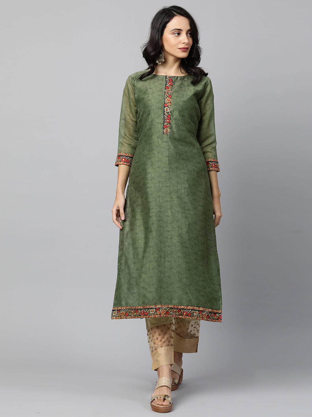 Kalamkari Printed Kurta and Dupatta with Kantha work - Mehandi Green