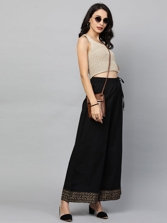 Ethnic Foil Printed Flared Palazzo - Black