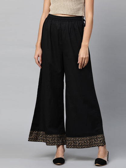 Ethnic Foil Printed Flared Palazzo - Black