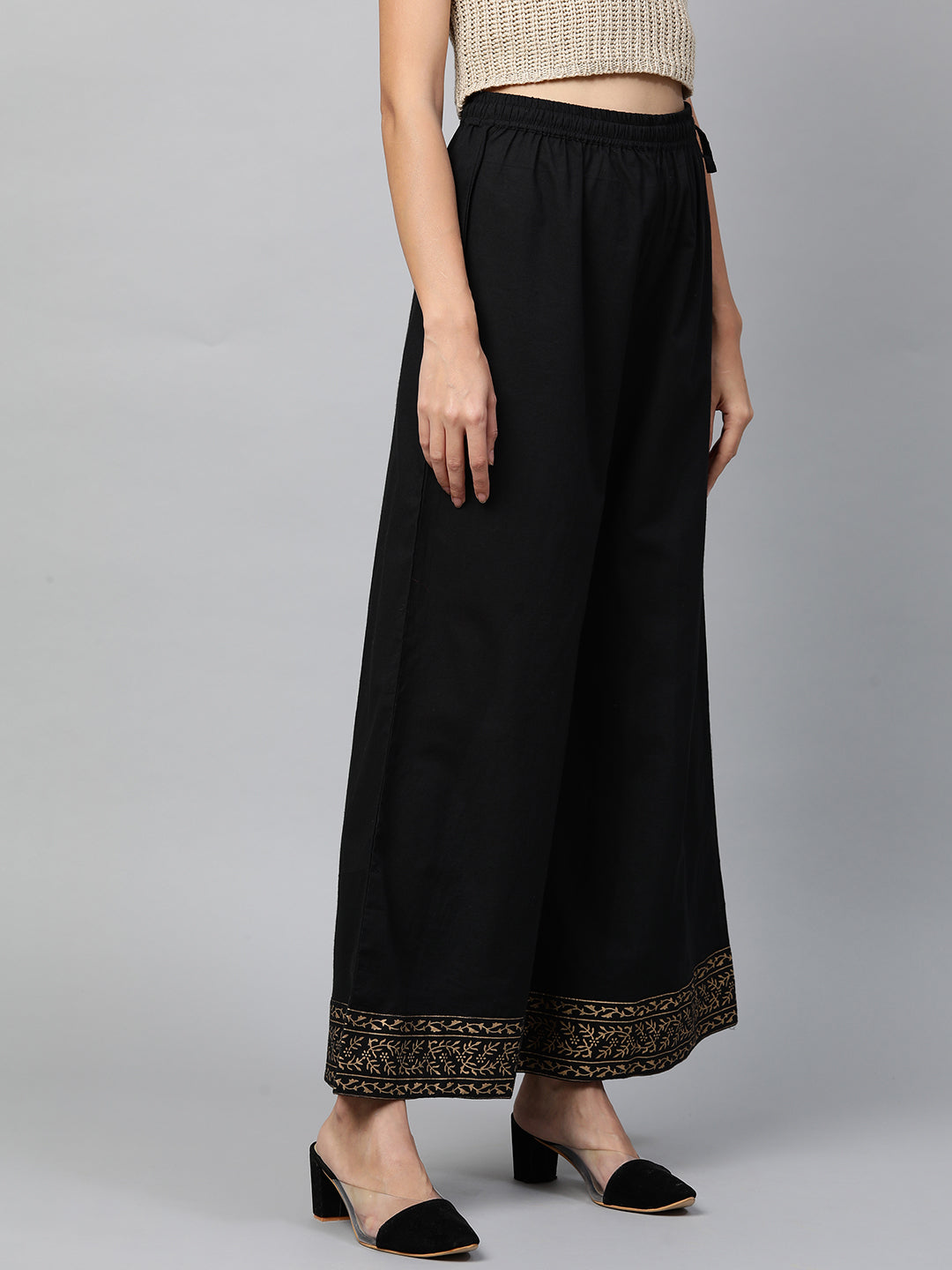 Ethnic Foil Printed Flared Palazzo - Black