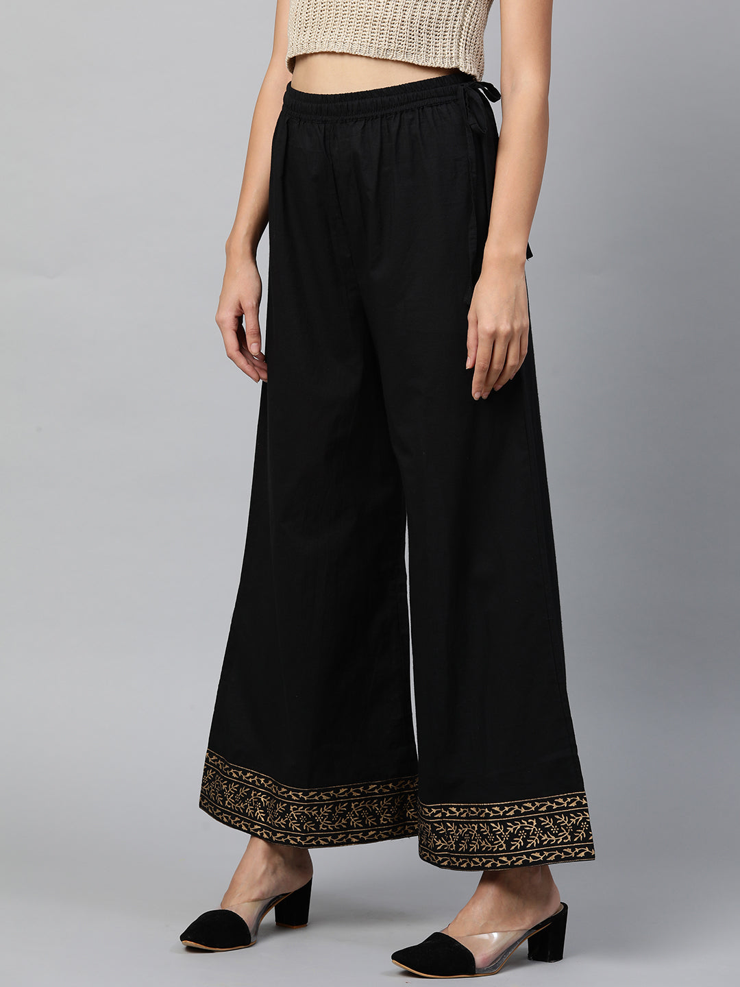 Ethnic Foil Printed Flared Palazzo - Black