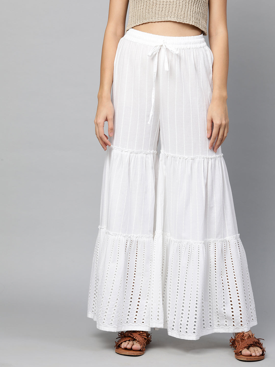 Ethnic Thread Embroidered Tiered Palazzo - White