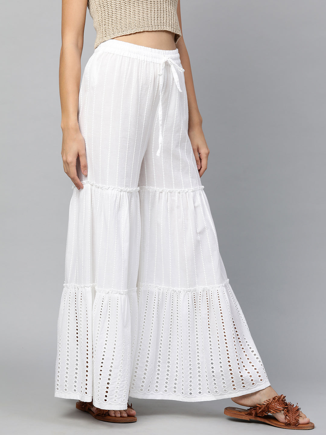 Ethnic Thread Embroidered Tiered Palazzo - White