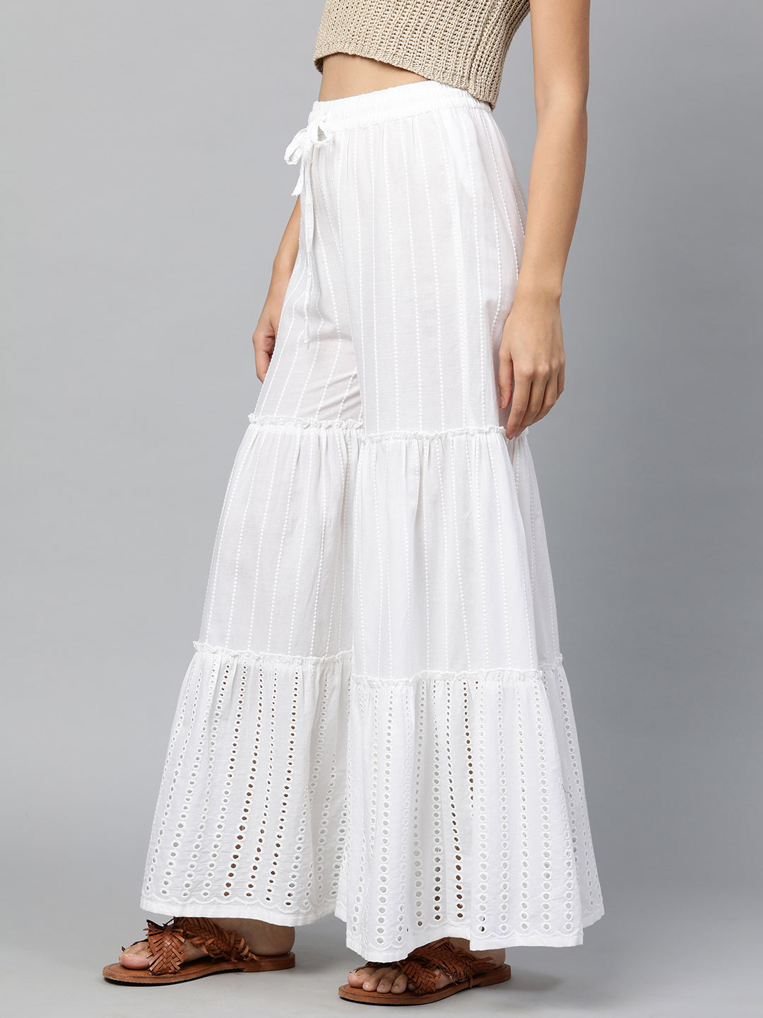 Ethnic Thread Embroidered Tiered Palazzo - White