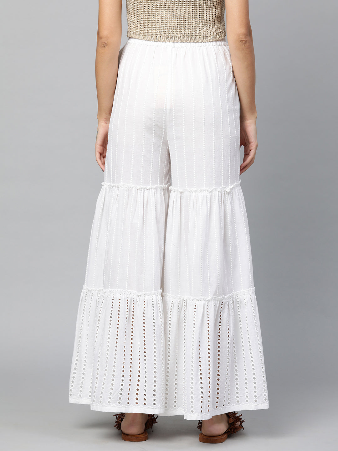 Ethnic Thread Embroidered Tiered Palazzo - White