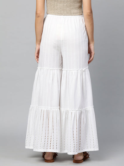 Ethnic Thread Embroidered Tiered Palazzo - White