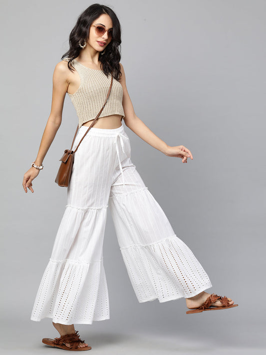 Ethnic Thread Embroidered Tiered Palazzo - White