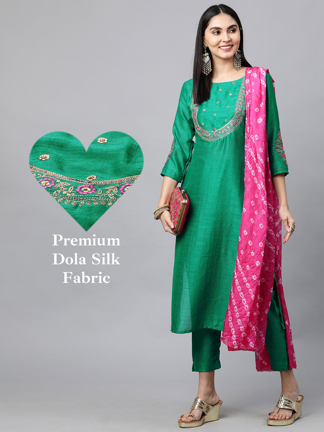 Floral Embroidered Kurta with Solid Pant with Bandhani Dupatta - Green