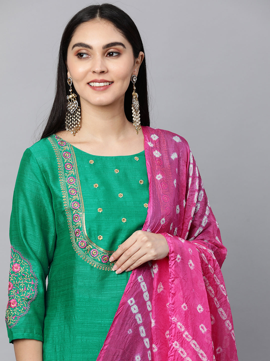 Floral Embroidered Kurta with Solid Pant with Bandhani Dupatta - Green
