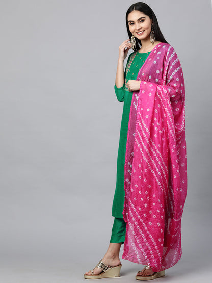 Floral Embroidered Kurta with Solid Pant with Bandhani Dupatta - Green