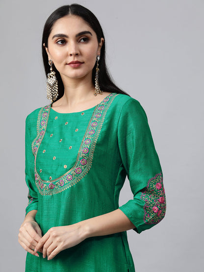 Floral Embroidered Kurta with Solid Pant with Bandhani Dupatta - Green