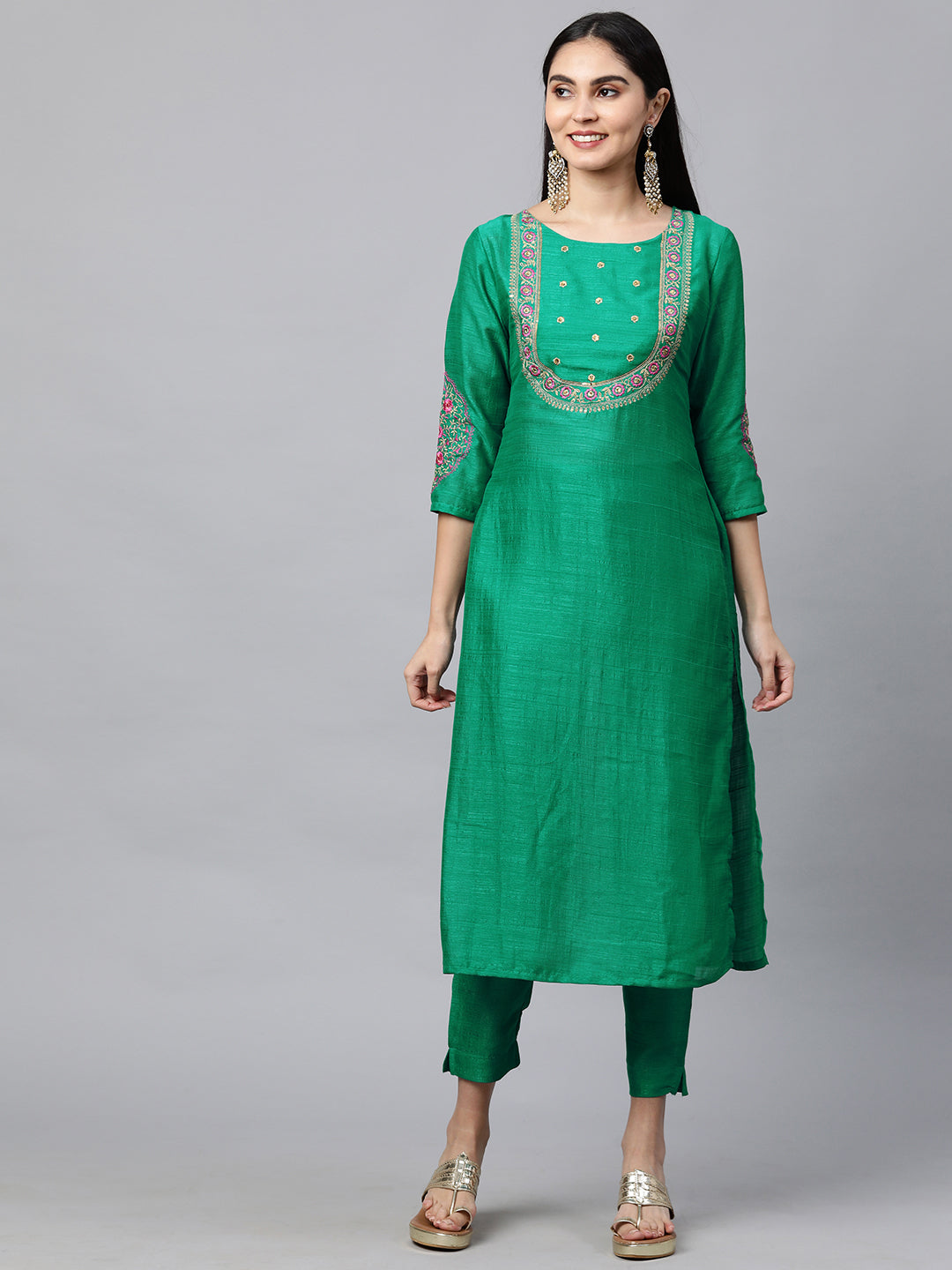 Floral Embroidered Kurta with Solid Pant with Bandhani Dupatta - Green