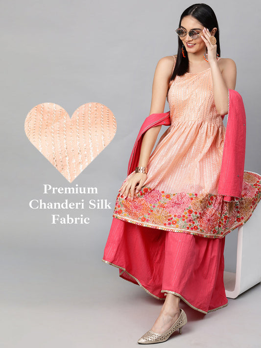 Ethnic Embroidered Kurta with Lurex Sharara and Dupatta - Peach