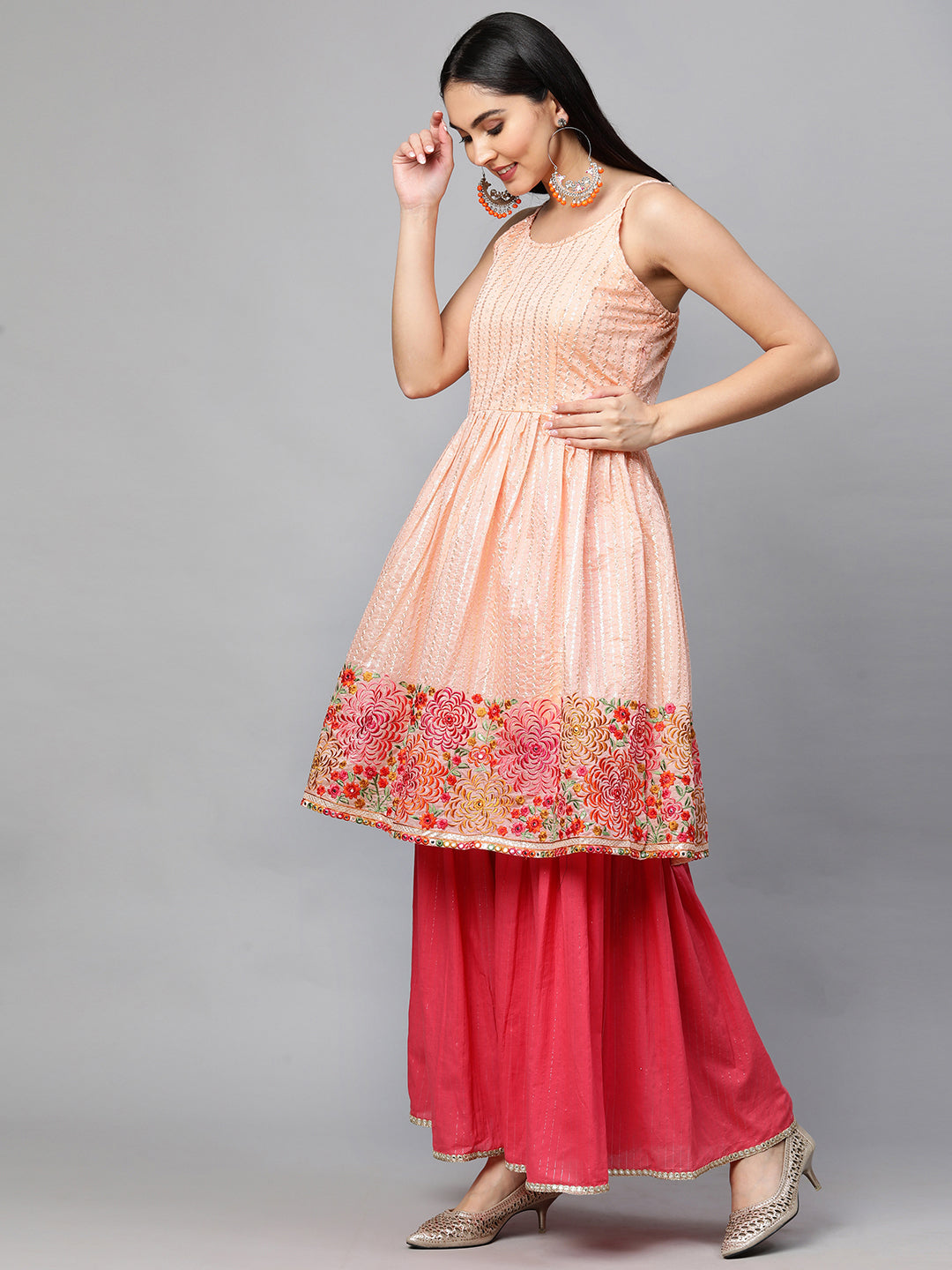 Ethnic Embroidered Kurta with Lurex Sharara and Dupatta - Peach