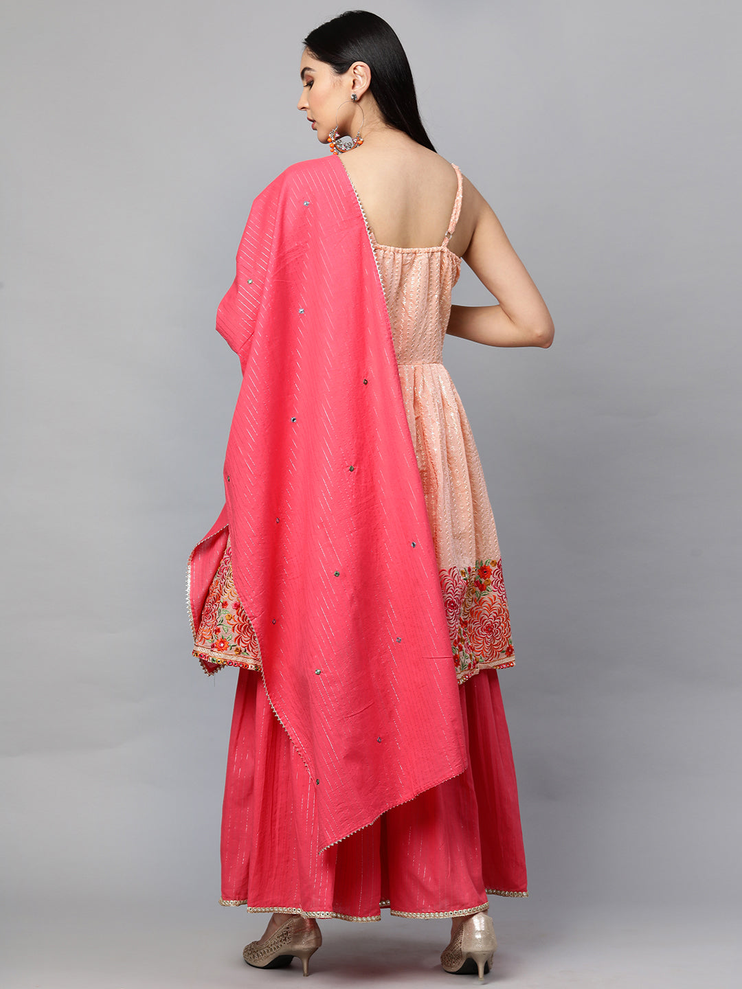 Ethnic Embroidered Kurta with Lurex Sharara and Dupatta - Peach