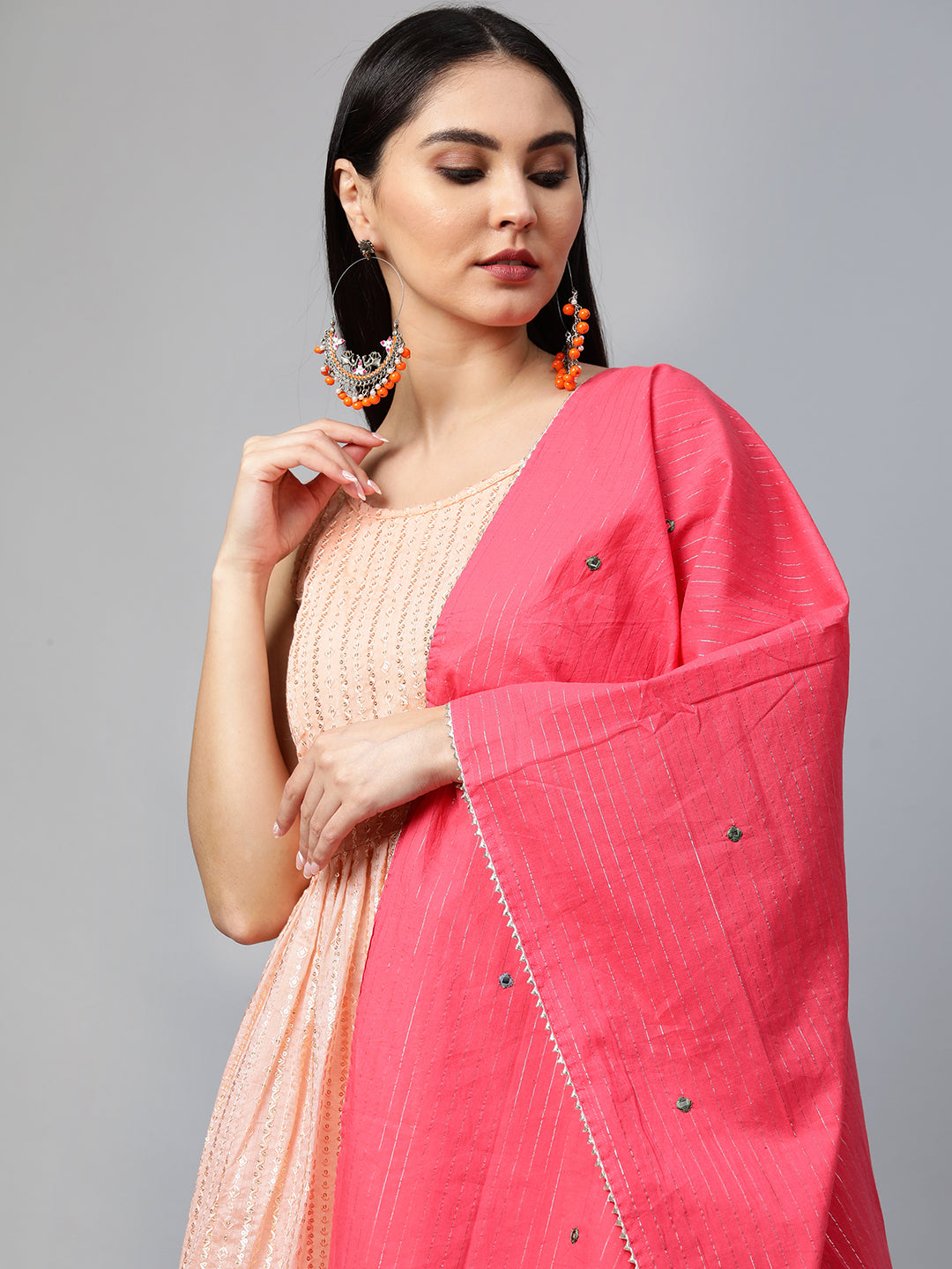 Ethnic Embroidered Kurta with Lurex Sharara and Dupatta - Peach