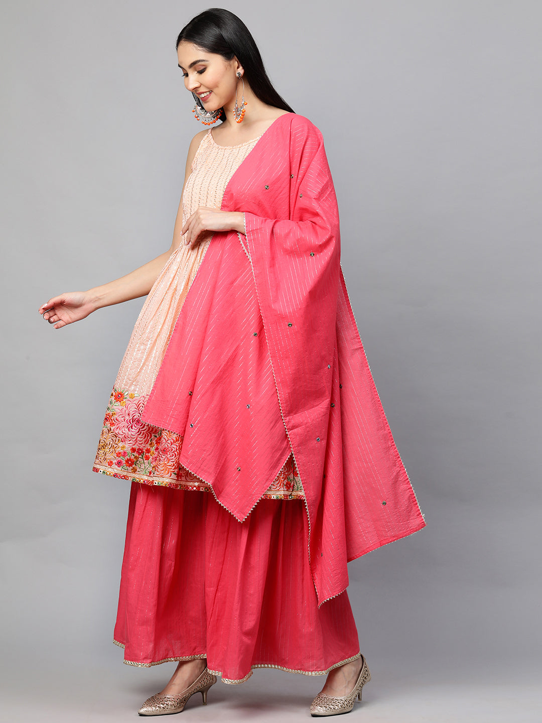 Ethnic Embroidered Kurta with Lurex Sharara and Dupatta - Peach