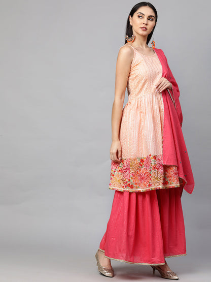 Ethnic Embroidered Kurta with Lurex Sharara and Dupatta - Peach