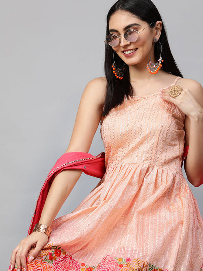 Ethnic Embroidered Kurta with Lurex Sharara and Dupatta - Peach