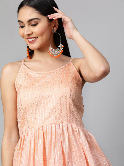 Ethnic Embroidered Kurta with Lurex Sharara and Dupatta - Peach