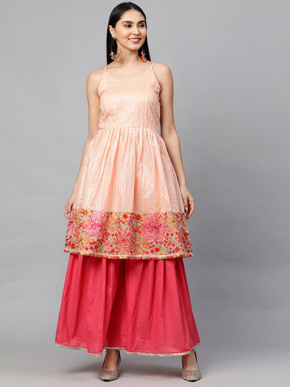 Ethnic Embroidered Kurta with Lurex Sharara and Dupatta - Peach