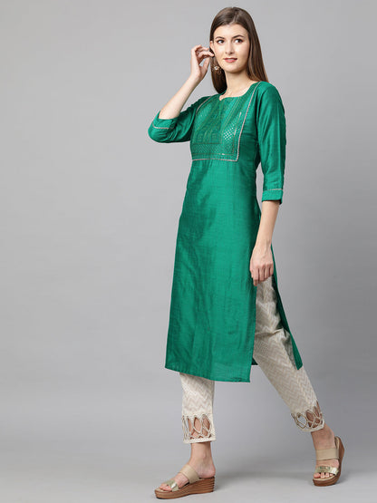Sequin Embroidered Straight Kurta - Sea Green