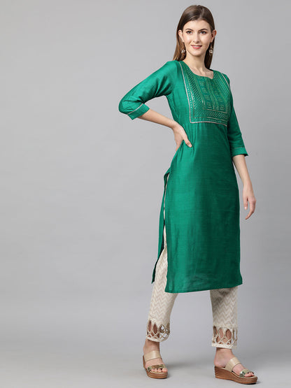 Sequin Embroidered Straight Kurta - Sea Green