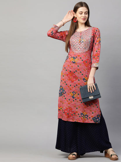 Ethnic Printed & Embroidered Straight Kurta - Punch Pink